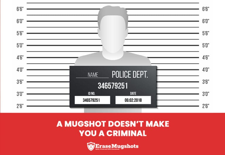 Illustration of a person’s silhouette holding a police mugshot board before a height chart. Text below reads, “A mugshot doesn’t make you a criminal,” with the EraseMugshots logo at the bottom.