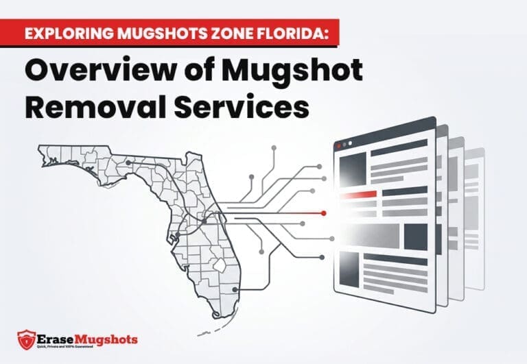 A graphic of Florida with lines connecting to digital browser windows, illustrating mugshot removal services across the mugshots zone. Text reads: "Overview of Mugshot Removal Services." Erase Mugshots logo appears in the bottom left corner.