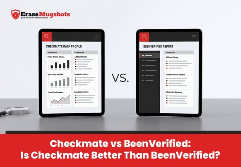 Two tablets on a desk show comparison charts for Checkmate Data Profile and BeenVerified Report. Below, the text asks: "Checkmate vs BeenVerified: Is Checkmate Better Than BeenVerified?" See how they stack up in checkmate vs beenverified.