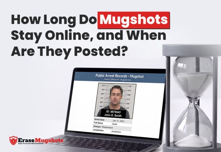 A laptop displays a mugshot record. Text above asks, “How long do mugshots stay online, and when are they posted?” An hourglass and the EraseMugshots logo appear beside the laptop, emphasizing concerns about how long such records remain accessible on the internet.